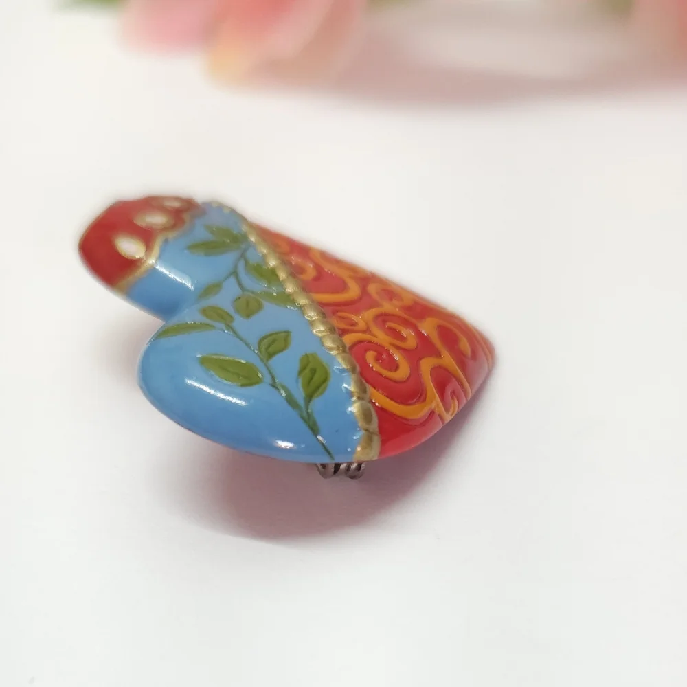 Vintage Hallmark Ganz Hand Painted Floral Heart Brooch or Pin
